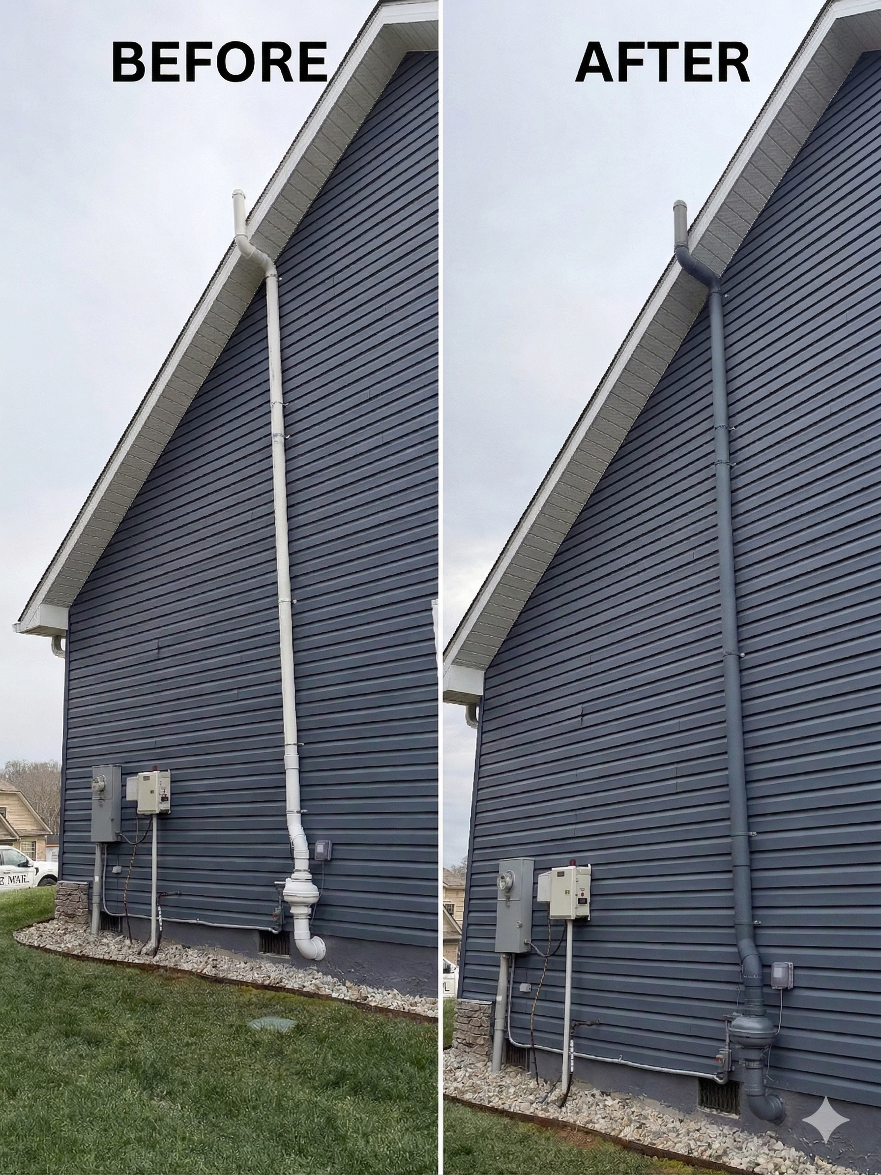 Before and after radon mitigation installation in Knoxville by Rn86 Solutions showing professional color-matched downspout vs unfinished PVC.